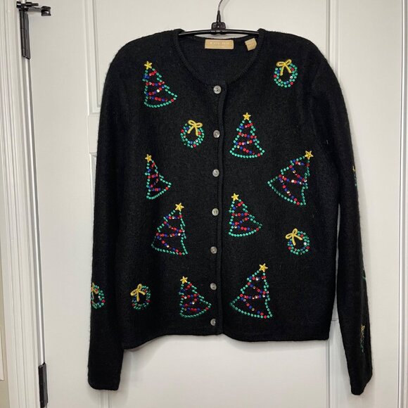 Kate Hill Casual Christmas Cardigan Sweater Women's Size Small 100% Wool Black - Picture 2 of 10